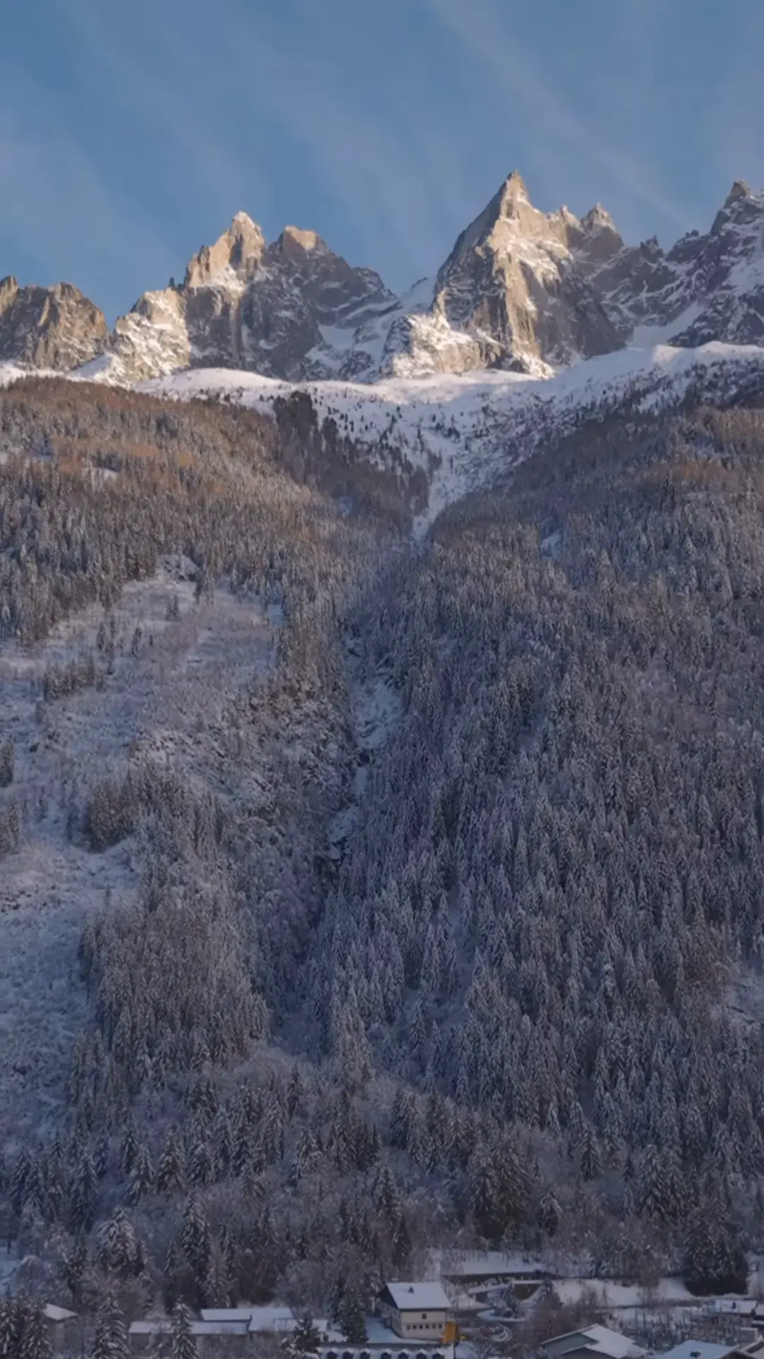 Chamonix in the snow, Chamonix, France, filmed by drone