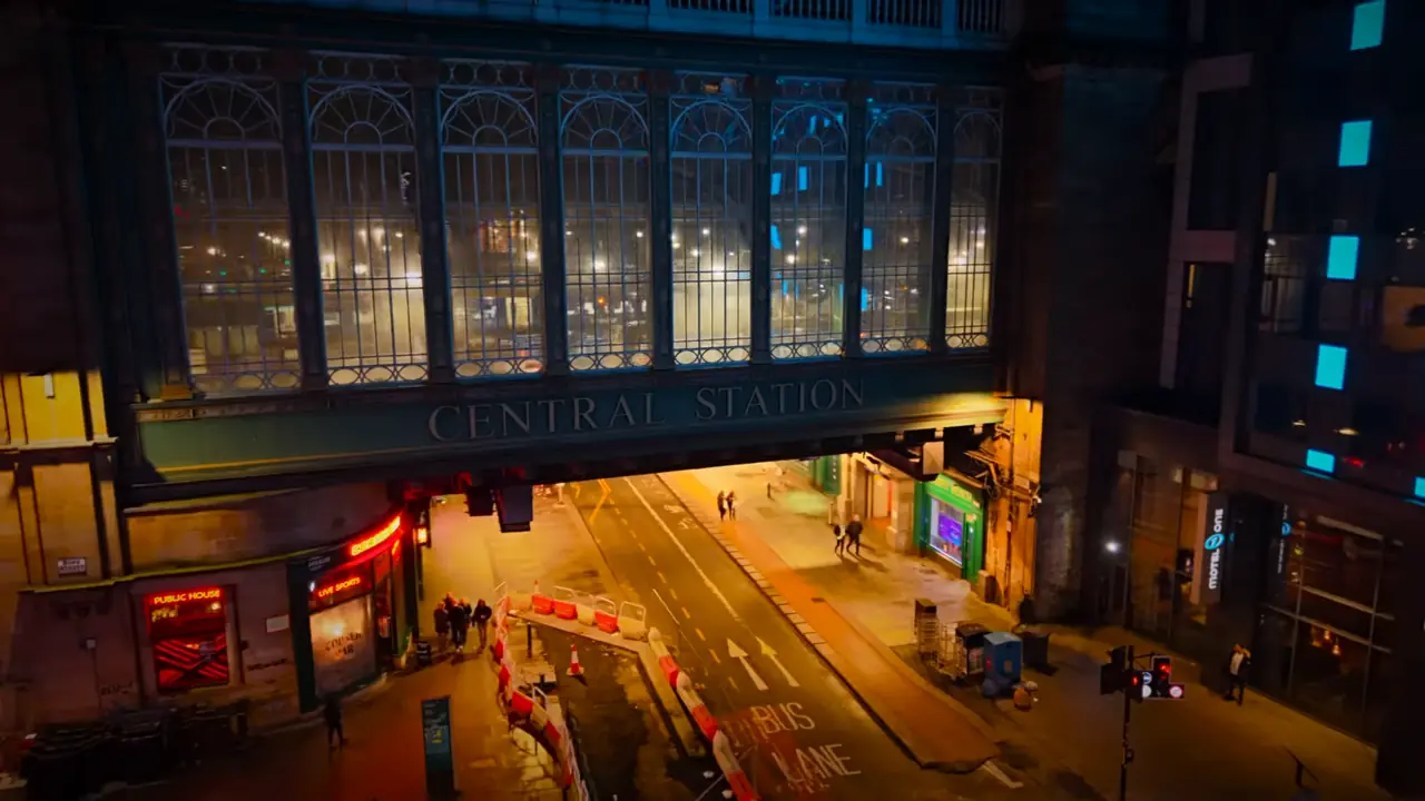 Glasgow at night, Glasgow city centre, filmed by drone